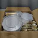 FOCUSLINE 600 Ct Gold Dinnerware Set for 100 Guests - Gold Rimmed White Disposable Plastic Plates, Includes 100 Dinner & Salad Plates, Cups, Cutlery Set for Wedding Parties