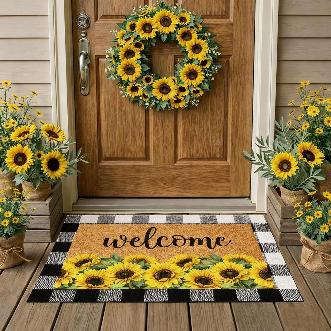Drydiet 2 Pcs Spring Layered Coir Doormat Set Sunflower Welcome Front Door Mat with Black and White Buffalo Plaid Outdoor Rug Non Slip Porch Entryway Rug for Indoor Outdoor Farmhouse Decor
