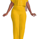 HBQ Women's Summer 2 Piece Outfits Casual Tracksuit Short Sleeve Button Down Crop Top Wide Leg Long Pant Lounge Sets L