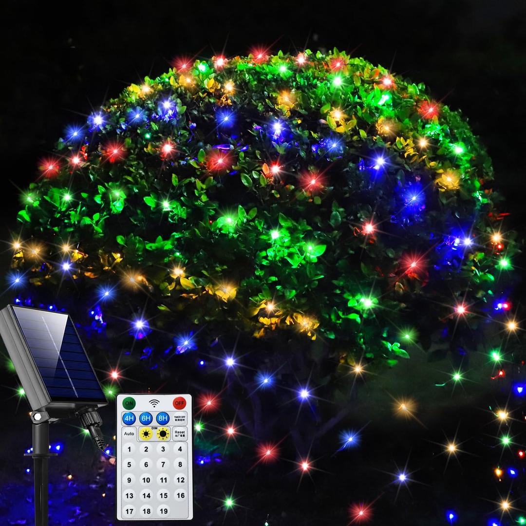 Solar Net Lights Outdoor Mesh Lights Christmas Decorations, 240LED String Tree Wrap Waterproof 19 Modes for Bushes, Fence,Garden, Shrubs,Trunk, Halloween,Xmas Decor (Multi-colored, 9.8ft x 6.6ft)