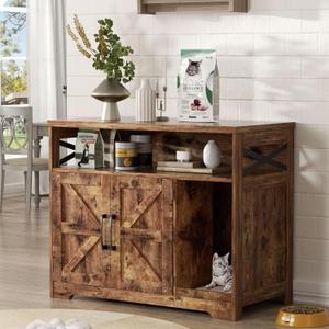 Cat Litter Box Enclosure, Hidden Litter Box Furniture with Scratch Pad, Farmhouse Indoor Cat House Washroom End Table, Rustic Brown