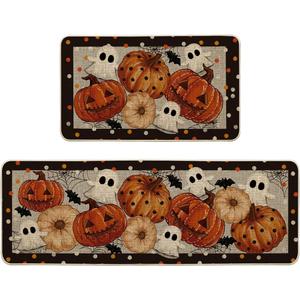 Artoid Mode Black Ghost Spooky Jack-O'-Lantern Pumpkin Halloween Kitchen Mats Set of 2, Low-Profile Home Decor Kitchen Rugs for Floor - 17x29 and 17x47 Inch