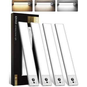 EZVALO 12-inch Under Cabinet Lighting, 3200mAh Rechargeable Motion Sensor Light Indoor, with Dimmable & 3 Color Temps, Magnetic Closet Lights, Wireless Under Counter Lights for Kitchen, Stairs(4-Pack)