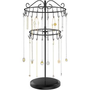 iDavosic.ly 2 Tier Rotating Necklace Holder Organizer with 42 Hooks, Adjustable Metal Bracelet Display Stand Rack, Extra Tall Keychain Spinning Tree Tower for Women, Black