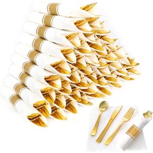 Dlebay 50 Pack Pre Rolled Gold Plastic Silverware Set,Wrapped Plastic Cutlery Set with Napkin Include 50 Forks,50 Spoons,50 Knives and 50 White Napkins for Party,Wedding,Christmas