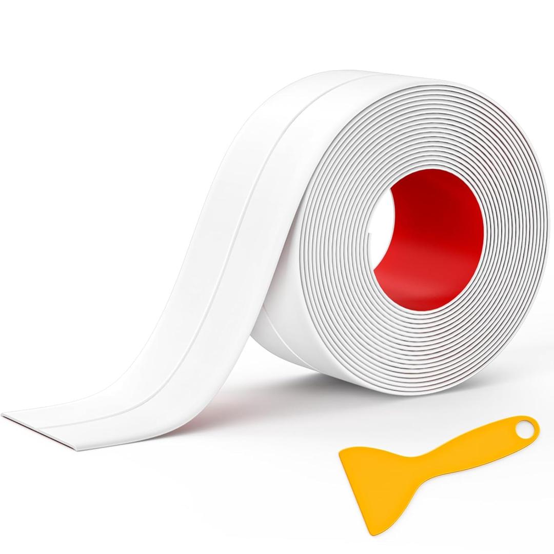 Mokani Caulk Tape Waterproof Self Adhesive, 1 Roll White Caulking Sealant Strip for Kitchen, Countertop, Bathroom, Bathtub, Toilet, Shower, Floor Wall Edge Protector with Sealing Tool (1.5" x 10.5Ft)