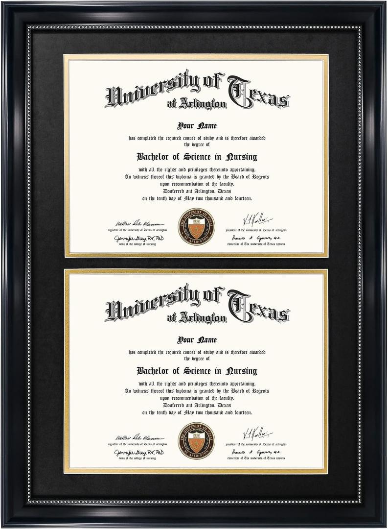 GraduationMall 14x20 Double Diploma Frame, Display 8.5x11 Certificate with Black over Gold Mat,Tempered Glass,Black with Silver Beads