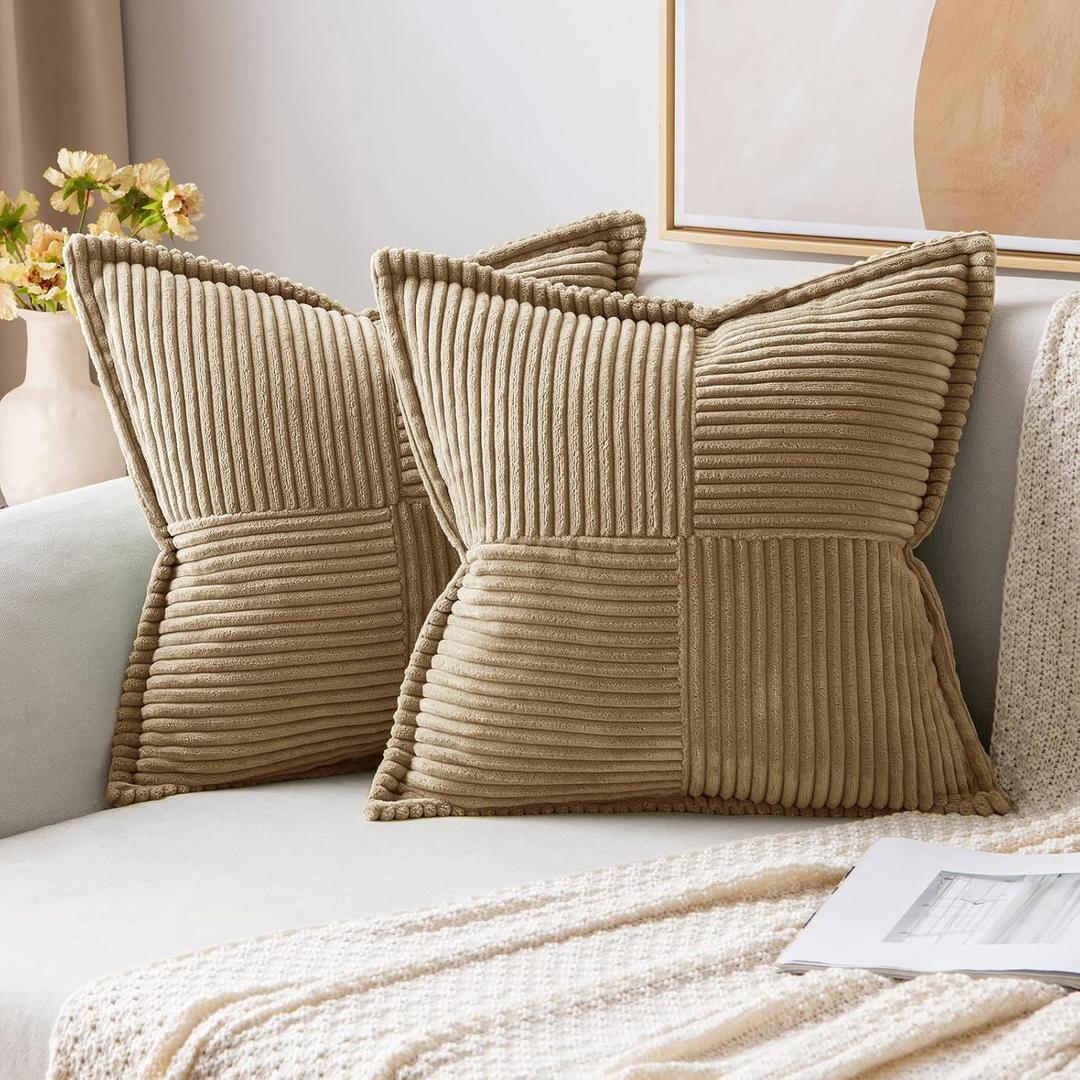 MIULEE Khaki Corduroy Pillow Covers 18x18 Inch with Splicing Set of 2 Soft Boho Striped Pillow Covers Broadside Decorative Textured Pillowcases for Couch Cushion Bed Livingroom