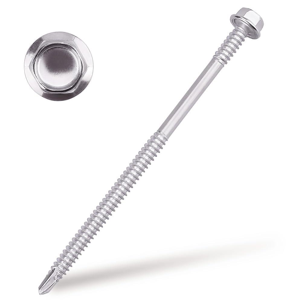 #14 x 5 (25 pcs) Hex Washer Head Self Drilling Screws, 410 Stainless Steel Metal Sheet Tek Screws, Self Tapping Point, No Pre-drilled Hole Needs