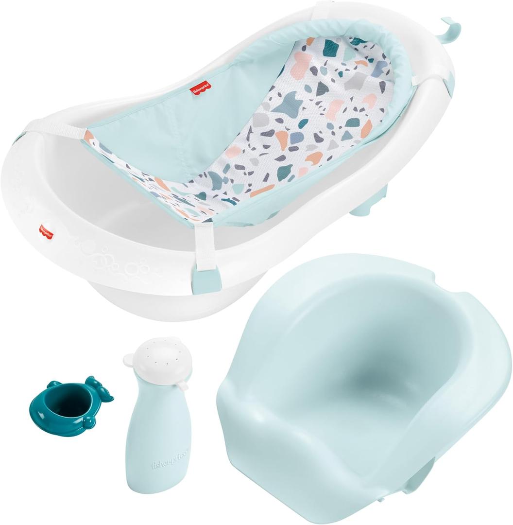 Fisher-Price Baby to Toddler Bath 4-in-1 Sling 'N Seat Tub with Removable Infant Support and 2 Toys, Pacific Pebble