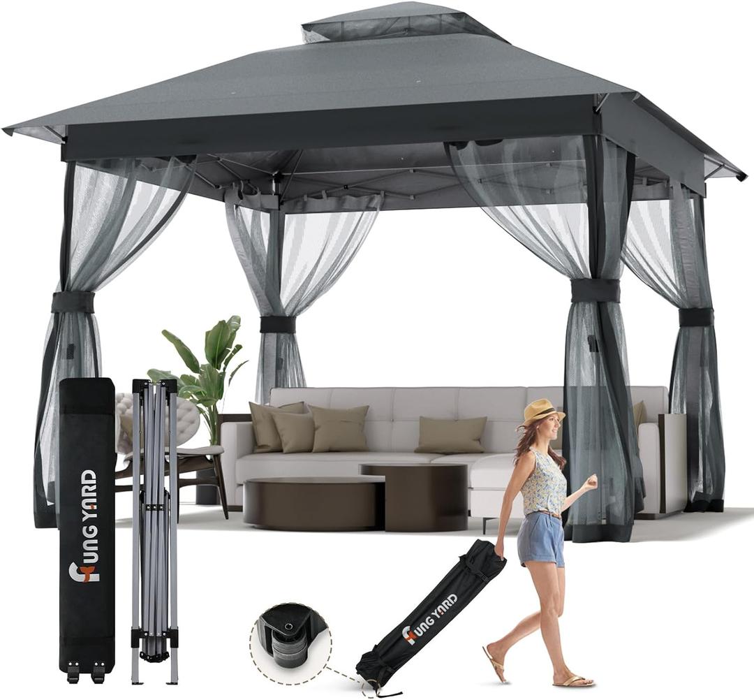 Outdoor Pop Up Gazebo 10x10 - Instant Canopy Tent with Mosquito Nettings, Double Roof Vented Gazebos Tents Shelter for Backyard Shade Party Garden Lawns (Gray, 10x10)