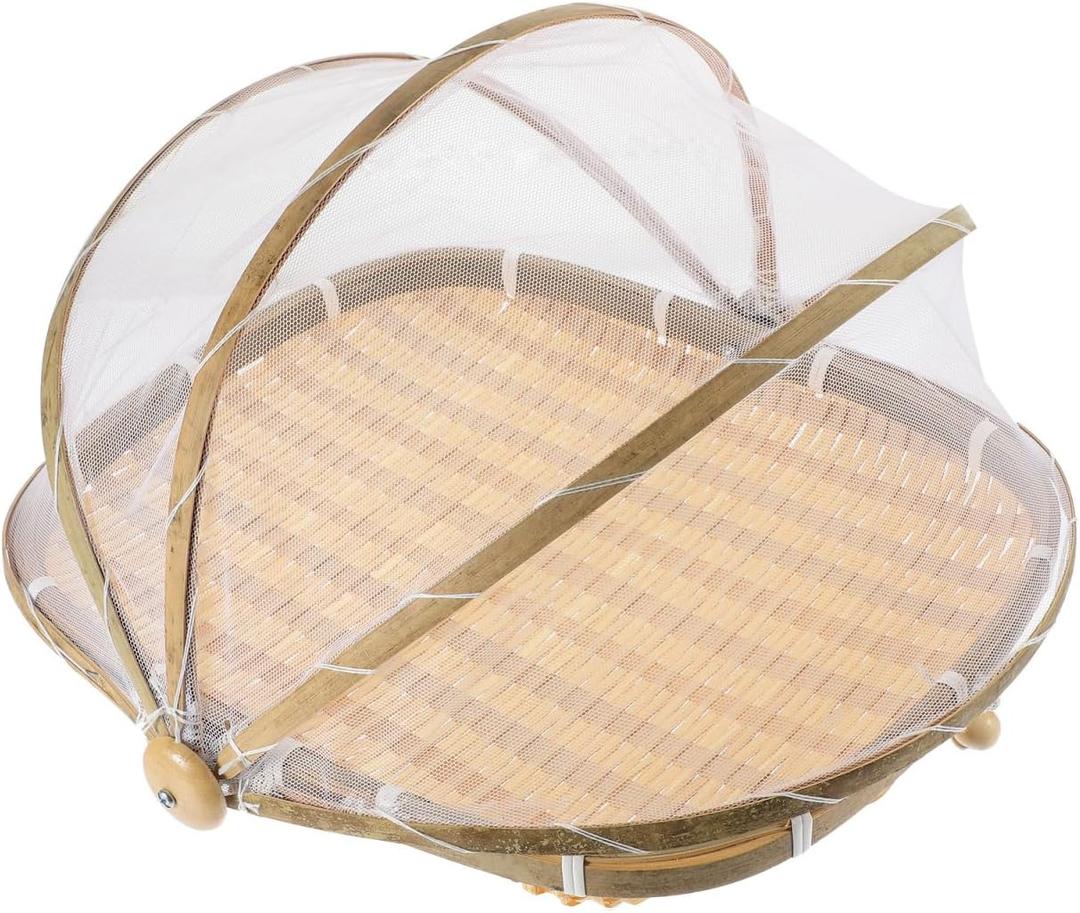 BESTOYARD Bamboo Winnowing Pan - Multi-Functional Food Cover with Mesh for Outdoor Picnics Lightweight and Portable Fruit Basket for Safe Food Storage and Protection
