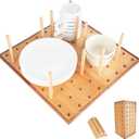 Foldable Pegboard Organizer for Kitchen Bamboo Base & Acacia Wood Edge Dish Rack for Kitchen Countertop, Cabinet, and Drawer, 16 Removable Pegs, 15.7" x 15.7"