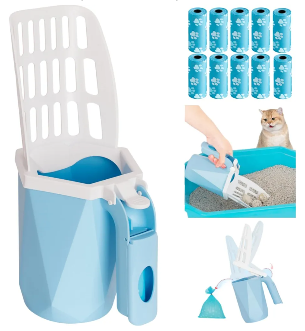 Cat Litter Scoop, Cat Litter Scooper with Holder for Litter Box Includes 10rolls (150pcs) Litter Bags, Large Shovel and Waste Storage Container, 3 in1 Portable Kitty Poop Disposal System (Blue)