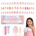 90 Pieces Press on Nails for Kids, Kawyehu 3 Pack Nails for Kids Colorful Press on Nails for Girls 8-12 Years with Glue, Almond Fake Nail Kit for 9 10 11 12 Year Old, Flower