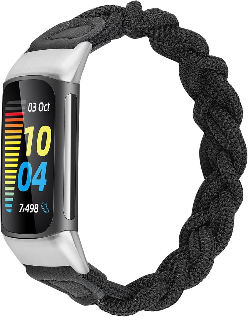 Wearlizer Compatible with Fitbit Charge 6 Bands/Charge 5 Bands for Women, Cute Stretchy Braided Solo Loop Wristband Slim Soft Elastic Replacement Strap Accessories for Charge 5 6 Band, Black S