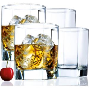 Square Drinking Whiskey Glasses Set of 4, Old Fashioned Glass Cup Bar Set, Stemless Everyday Rocks Whisky Glass Best Present for Men, Scotch, Bourbon, Vodka, Wine, Cocktail, Liquor, Tequila, Smoothie