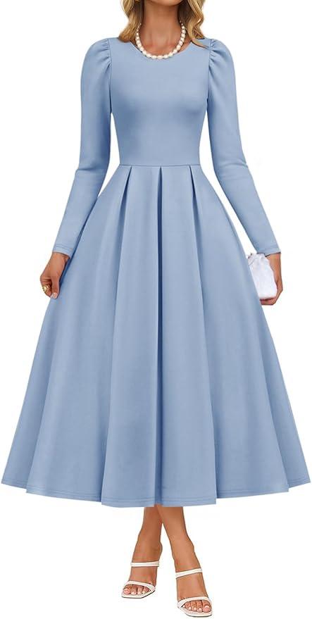ZESICA Women's Long Sleeve Midi Dresses 2026 Spring Elegant Crewneck Swing A Line Wedding Guest Party Dress with Pockets Small