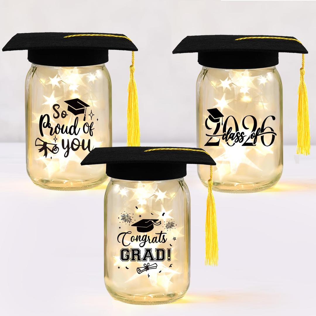 12 Sets 2026 Graduation Centerpieces for Tables, Glowing Mason Jar Centerpieces with Graduation Caps, Glowing Money Jars for College High School Congrats Grad Party Decor Supplies