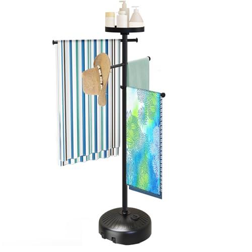 YACONA Pool Towel Rack Outdoor with Built-in Tray – Adjustable, Heavy-Duty Towel Racks & Storage for Backyards, Black