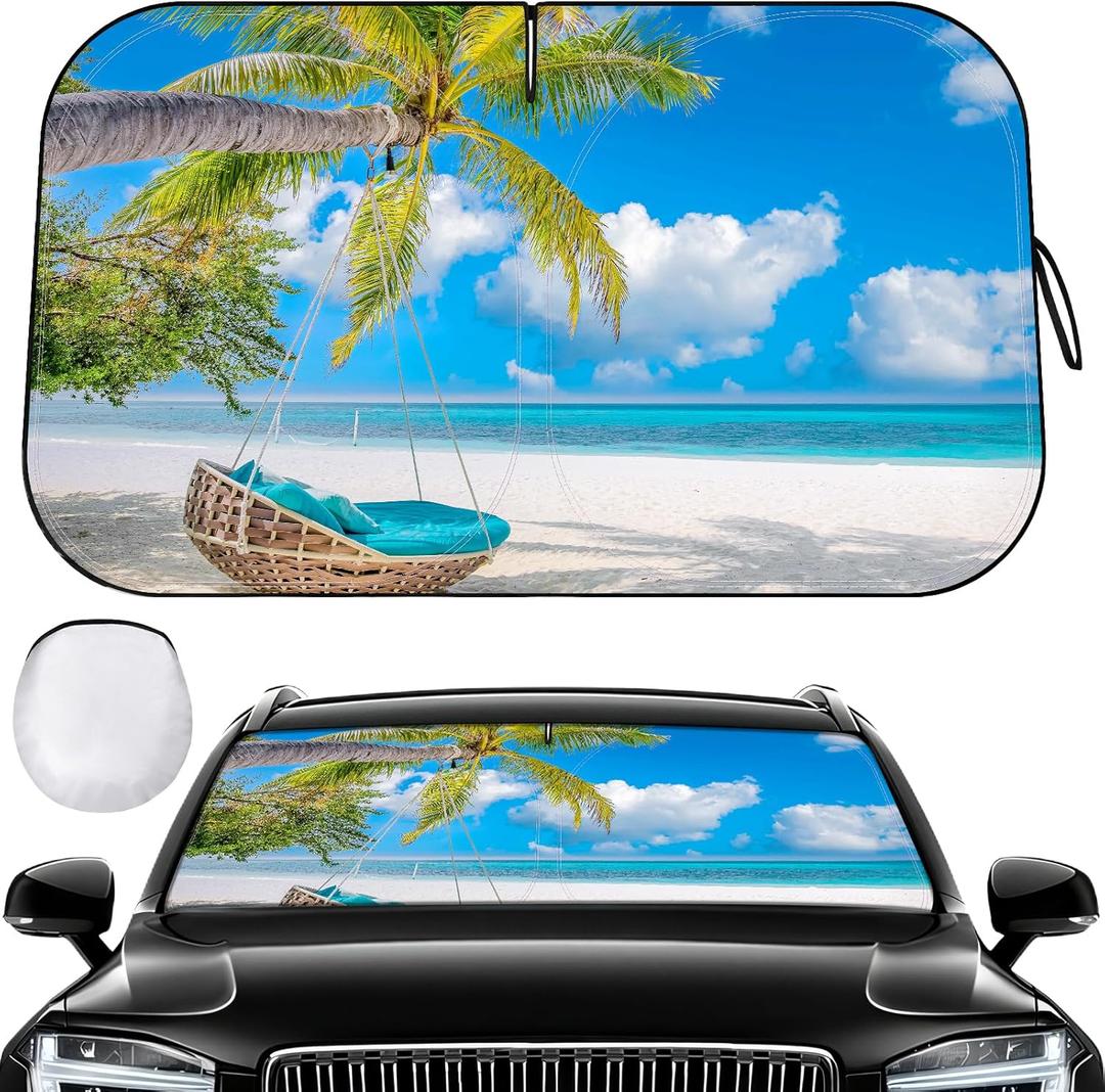 Car Windshield Sun Shade - Foldable Car Sun Shade Windshield for Front Window, Reflector Sunshade Offers Ultimate Protection for Cars Interior (55.2 x 31.5 in) (Seaside)