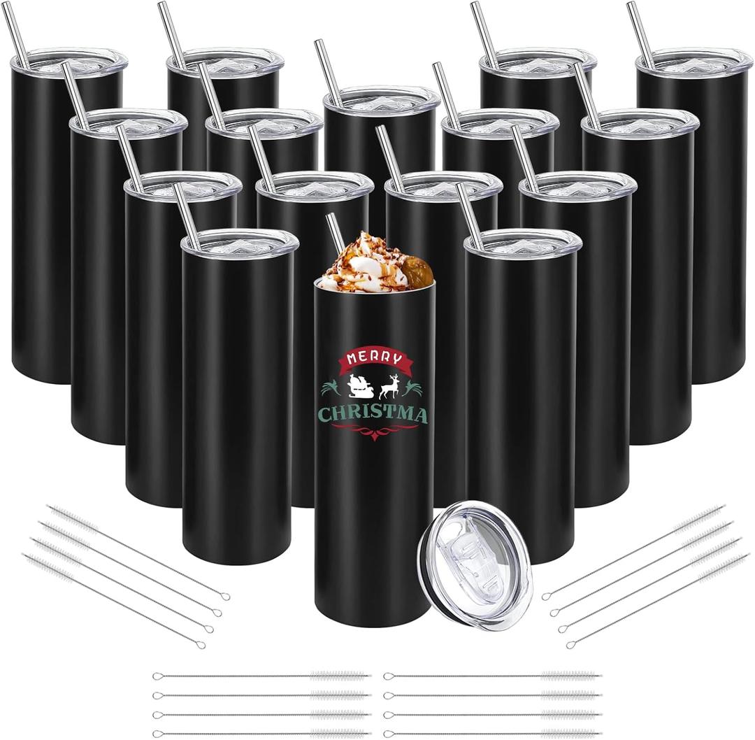 YOUKE OLA 16 Pack Stainless Steel Skinny Tumblers Straight Double Wall Insulated Tumbler Bulk with Lid and Straw for, DIY Gift, 20oz Black