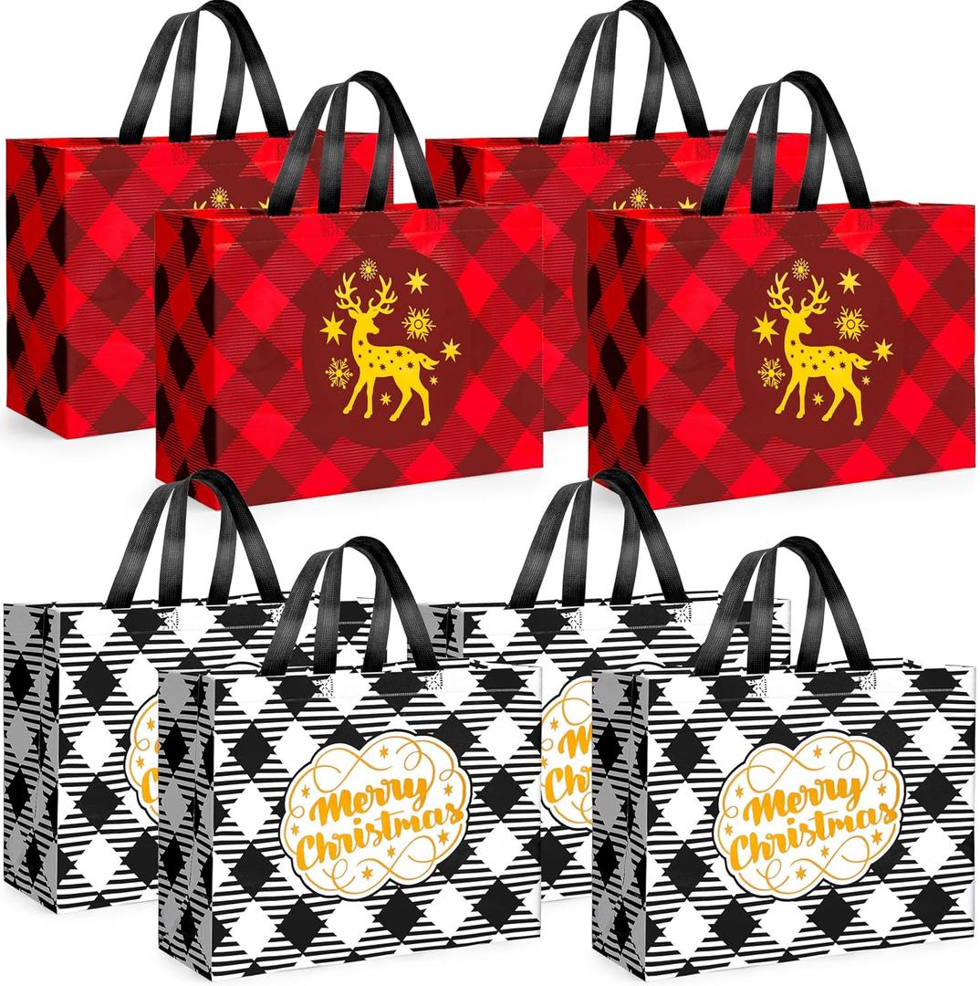 JOYIN 8 PCS Extra Large Christmas Tote Gift Bags 16.9" x 12.6" x 6.8", Reusable Holiday Tote Bags with Handle, Christmas Grocery Shopping Totes Bag for Presents, Xmas Party Favor, Gift Wrapping