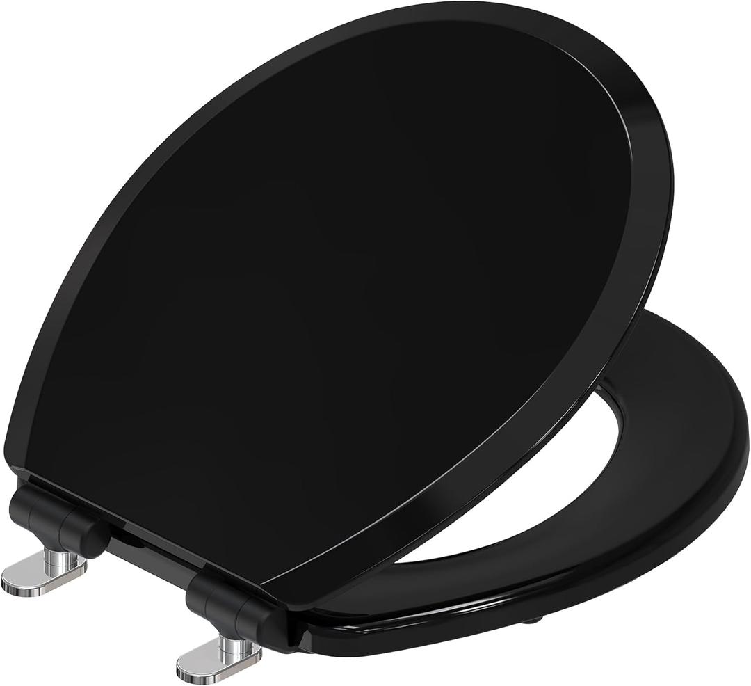 Pro Elite Heavy-Duty Wood Toilet Seat Round, Black, Magnetic Quick-Release Easy-Clean and Change, HushMotion Soft Close, StainShield High-Gloss Finish, Arch-Tite Secure Fit