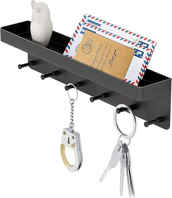 MKO Key Holder for Wall, Mail Organizer and Key Rack Wall Mount with Tray & 6 Hooks for Hallway (Black