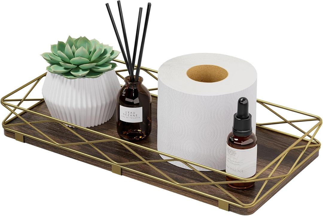 Lixple Toilet Paper Basket Holder, 13" Toilet Tank Tray, Wood and Metal Toilet Tray Vanity Organizer Bathroom Tray, Kitchen Sink Organizer for Soap Dispenser (Brown+Gold)