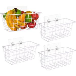 Adhesive Basket Wall Wire Basket Over the Cabinet Door Organizer No Drilling Mounted 4 Pack, White
