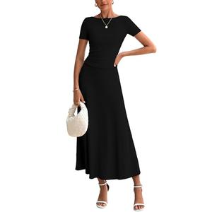 BTFBM 2025 Women's Summer 2 Piece Outfits Spring Crewneck Short Sleeve Ruched Bodycon Tops Flowy Knit Maxi Skirt Sets (Black, Small)