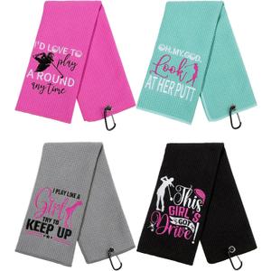 Hosuly 4 Pcs Funny Golf Towel Microfiber Embroidered Golf Ball Towels for Golfbags with Clip Golfclub Men Women Birthday Gifts for Golfball Fan Retirement Present 24 x 16 Inch