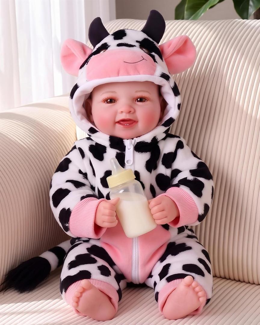 BABESIDE 17 Inch Baby Doll Girl, Soft Body Realistic Newborn Doll with Brown Eyes & Cow Outfit, Smiling Lifelike Baby Doll with Accessories, Birthday for Kids Age 3+ Girls Pretend Play