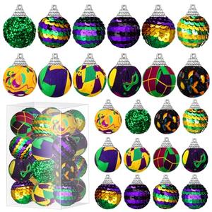 Lenwen 24 Pcs Mardi Gras Ball Ornaments for Tree Mardi Gras Tree Decorations Fabric Wrapped Ball Sequin Ball for Carnival Party Decor