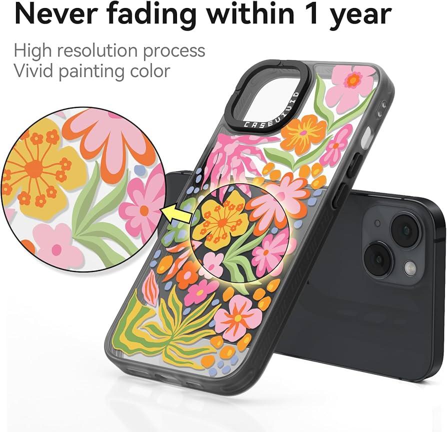 Compatible for iPhone 13 Case Cute Aesthetic - Durable Fashion Funny Phone Case - Girly Passion Flower Pattern Print Cover Design for Woman Girl 6.1 inches Black