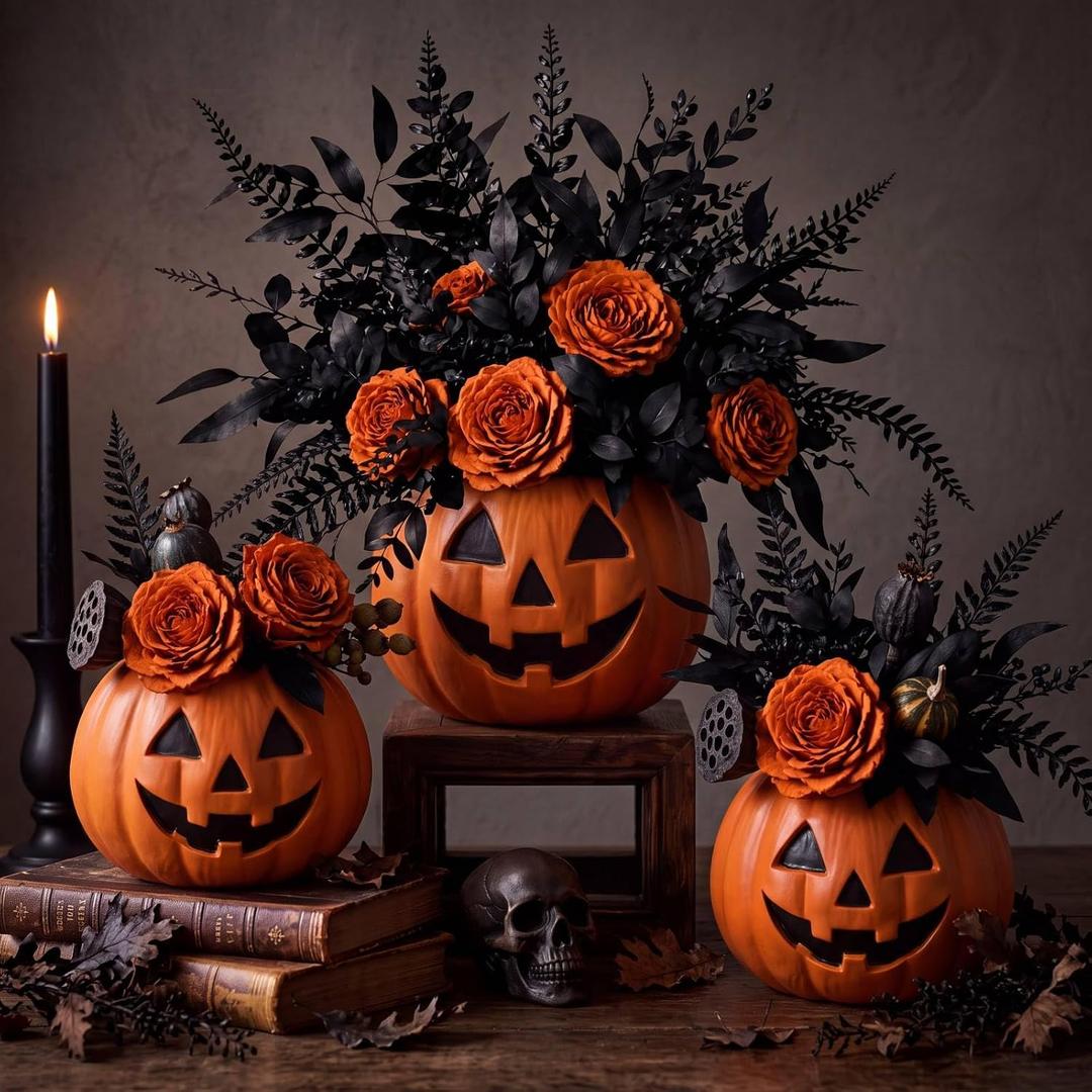 3 Pack Halloween Pumpkin Vases, 1 Large & 2 Small Fall Table Centerpieces, L5.5×4.3×3.1，s4.7×3.5×2.4
