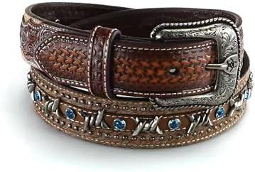 ARIAT Men's Embossed Leather Belt with Barbed Wire Accents and Blue Crystals (38, Brown)