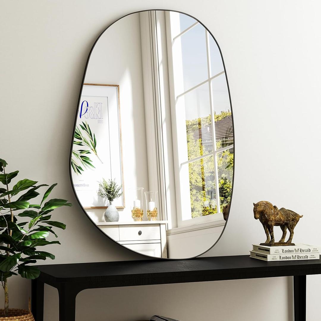 38"x26" Bathroom Mirror for Wall, Irregular Bathroom Mirrors for Over Sink, espejos decorativos de pared, Modern Metal Framed Vanity Mirror for Bedroom, Entryway, Bathroom, Living Room, Black