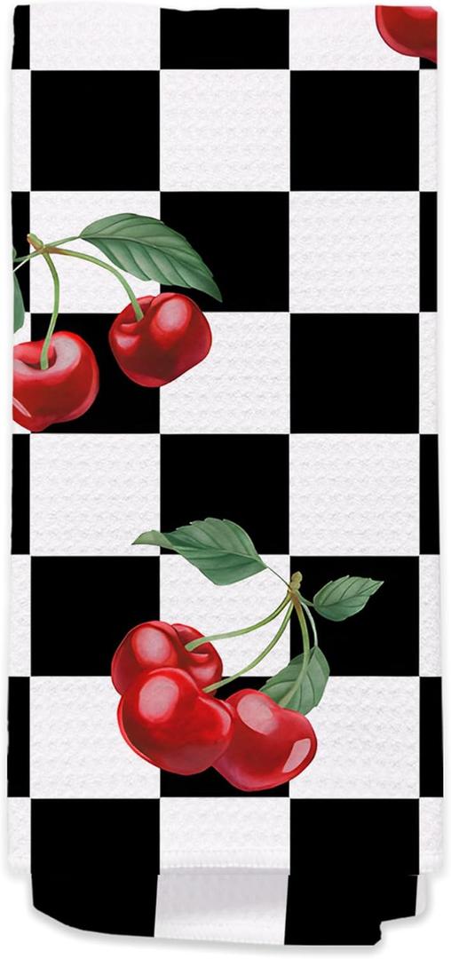 Cherry Hand Towels for Kitchen Bathroom - Retro Black and White Checkered Decorative Dish Tea Towels, Retro Plaid Cherry Kitchen Decor Accessories, Cherries Themed Housewarming Gifts New Home Idea