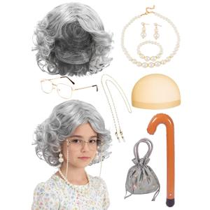 5 Pcs Old Lady Costume for Kids and Girl, 100 Days of School Costume for Kids Girls Includes Old Lady Wigs Glasses Wig Cap Necklace Bracelet Earrings Bag Inflatable Walking Stick
