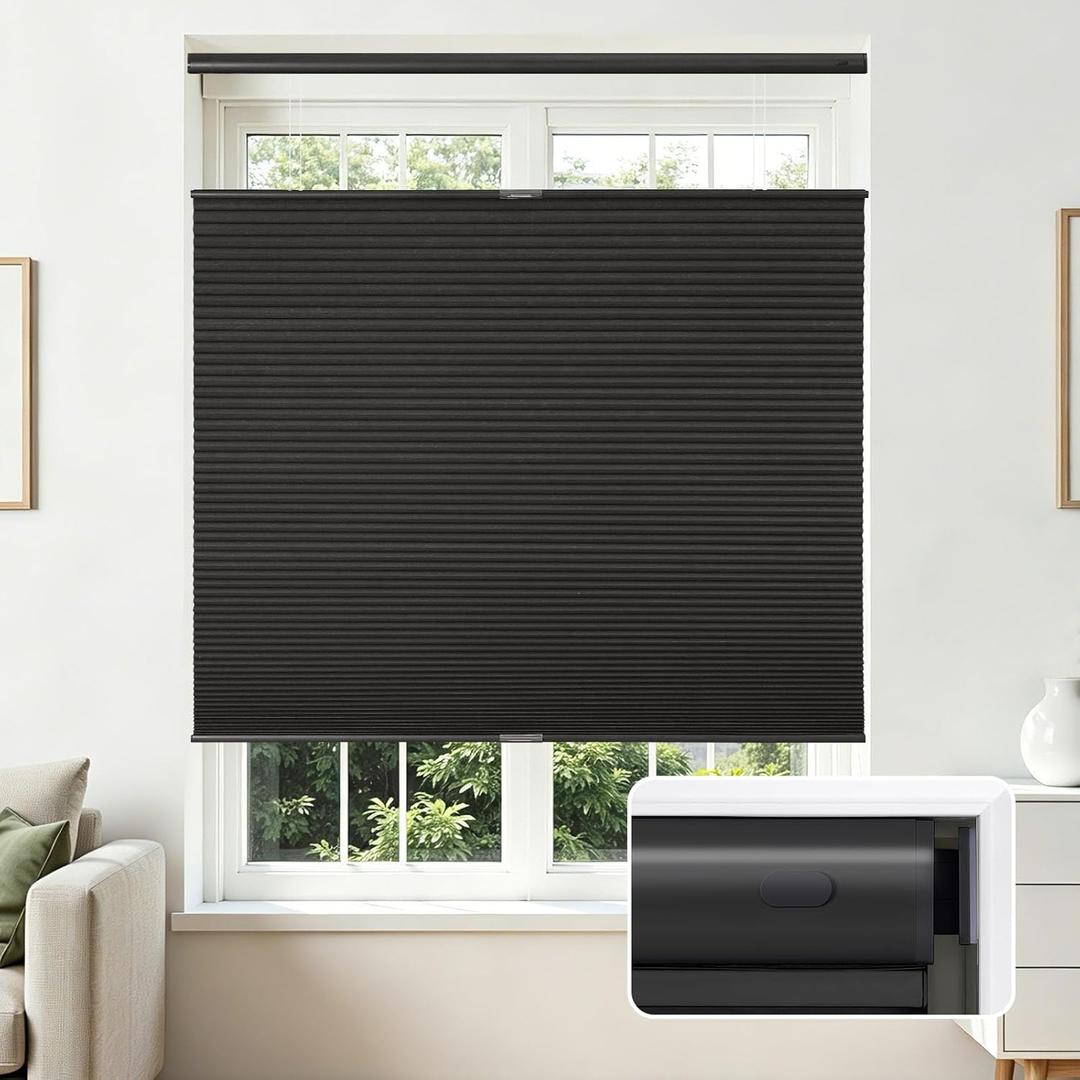 Joydeco No Tools No Drill Blinds for Indoor Windows, Cordless Window Blinds Cellular Shades Top Down Bottom Up Blackout Honeycomb Blinds Thermal Insulated Noise Reduction (Black, 31" W x 64" H)