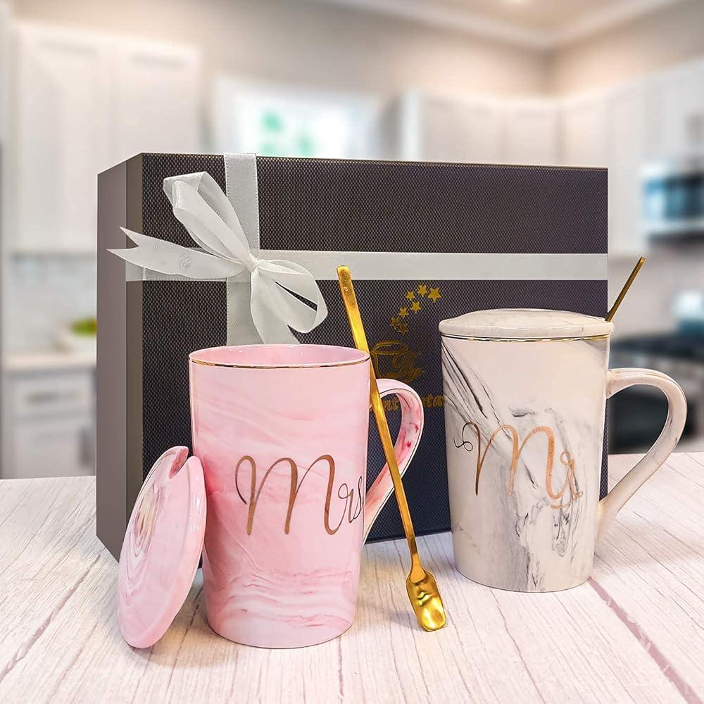 Ceramic Marble Coffee Mug Set- Unigue Wedding Gift Cup for Bride and Groom- His and Hers Engagement Gift- Husbands and Wife Anniversary Present No Matter When