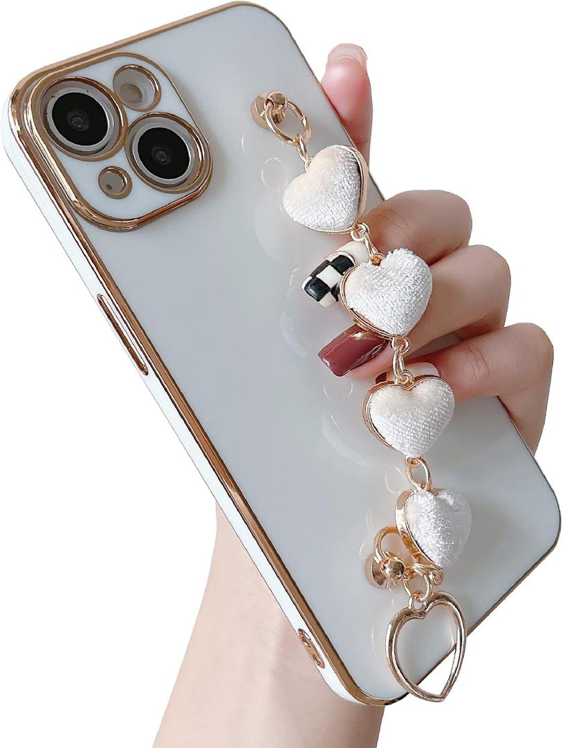 Caseative for iPhone Xr Case, Plating Love Heart Wrist Strap Chain Bracelet Soft Compatible with iPhone Case for Women Girls (White,iPhone Xr)