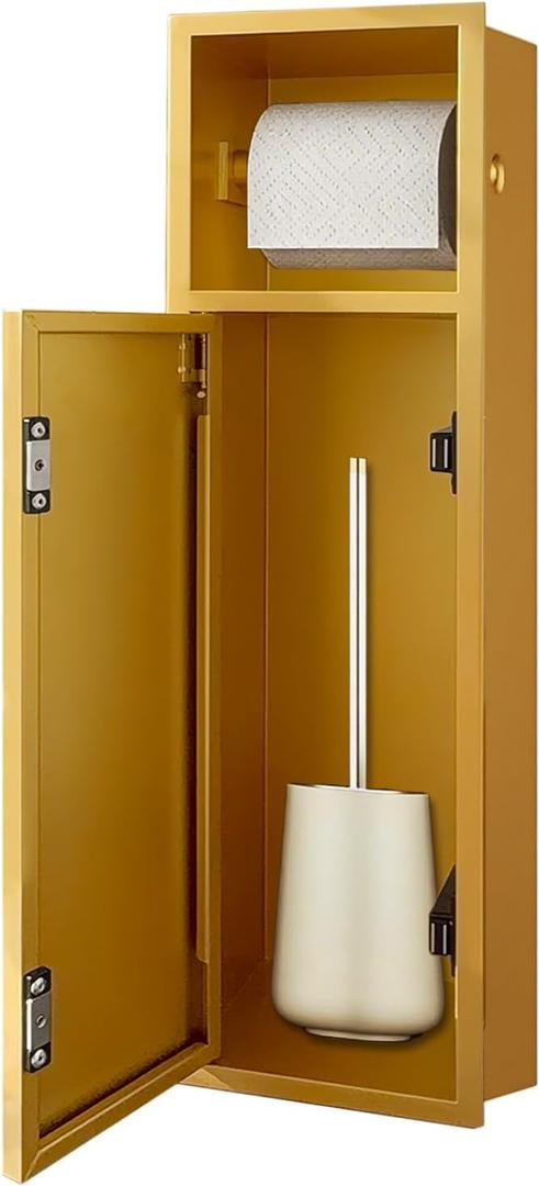 OKYSHDF in Wall Toilet Paper Holder, Recessed Gold Tissue Paper Roll Dispenser with Cabinet for Bathroom Remodel, Stainless Steel Toilet Brush Holder for Toiletries & Toilet Brush, 4.9" Depth