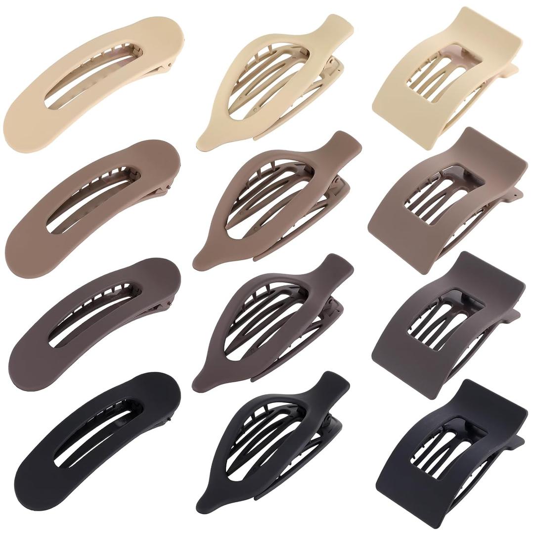 12 Pack Flat Hair Clips for Women-3 Styles Matte Neutral Flat Claw Clips, Black, Blonde,Light Brown & Dark Brown, Thick & Thin Hair Styling Accessories