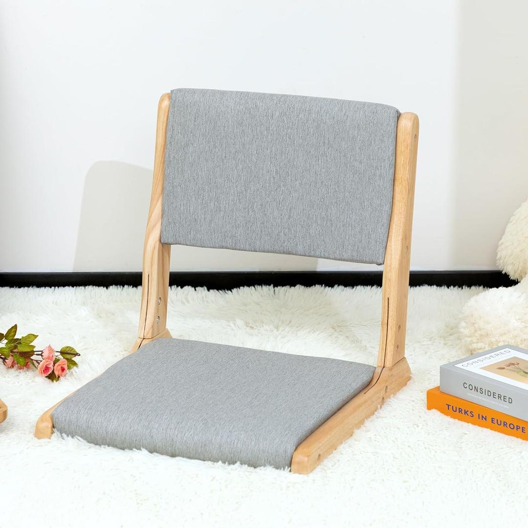 HollyHOME Foldable Japanese Style Floor Chair with Back Support, Wood Legless Tatami Chair with Cushion, Accent Meditation Seat for Bay Window, Living Room, Bedroom, Light Grey