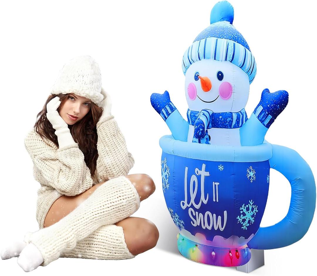 Pinkunn 5 ft Flat Snowman in Mug Cardboard Cutout Stand-up Life Size Winter Party Decoration Backdrop Photo Prop Stand up Let It Snow Stand up Cardboard Cutout for Winter Party Supply