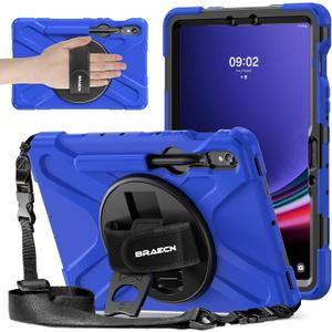 BRAECNstock for Samsung Galaxy Tab S10 Lite/ S10 FE/ S9 FE/ S9/ S8/ S7 5G Case 10.9"/ 11", Shockproof Protective Kids Case with Pencil Holder, Rotating Hand Strap & Stand, Shoulder Strap, Blue (04 Blue (Without Screen Protector))