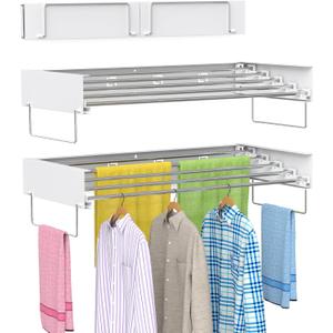 Wall Mounted Drying Rack, Foldable Laundry Rack, Collapsible Drying Rack, 5 Stainless Rods, Wall Mounted Clothing Rod with 2 Towel Bar, 90 lb Capacity, 31.5" White